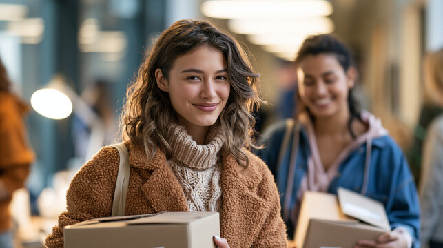 Attractive european flatmates moving into their college dorm carrying boxes together bright tidy interior cheerful teamwork moving in boxes students dorm room relocation