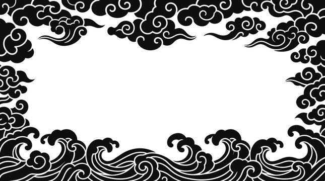 Traditional Japanese style black and white cloud and wave border frame.