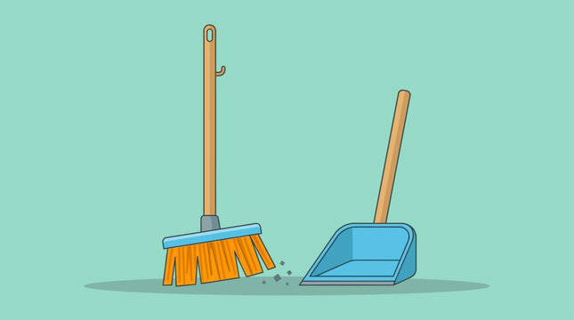 Broom and dustpan stand side by side on a flat surface to represent simple cleaning tools.