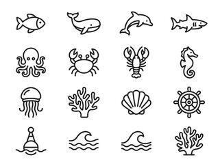 Obraz premium Set of outline icons depicting various marine animals, sea creatures, and ocean-related elements like coral, waves, and a ship's wheel.