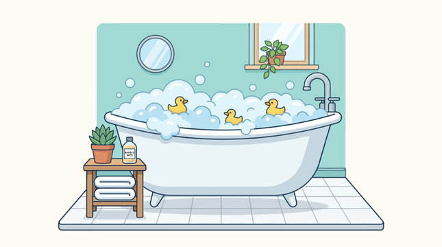 Bathtub featuring three yellow rubber ducks floating in thick foam bubbles stands against a tiled wall.