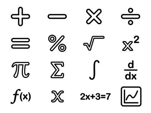 A collection of mathematical symbols and equations, including basic arithmetic operations, calculus notations, and algebraic expressions, presented as line art icons.