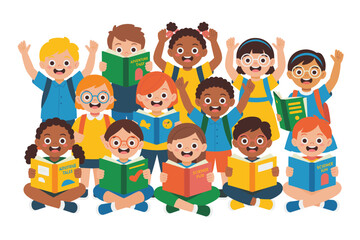 Fototapeta premium Group of happy diverse school children reading books
