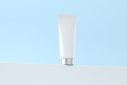 Cosmetic tube with sliver cap sky minimalist showcase low angle hero view 3d rendering