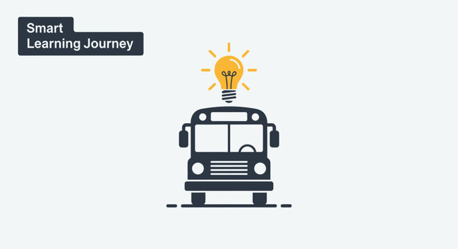 Dark grey school bus icon front view with a glowing yellow light bulb symbol on top, featuring the text Smart Learning Journey in a dark rectangle on a light grey background.