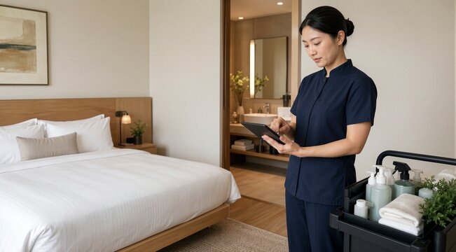 Asian housekeeper using digital tablet in hotel