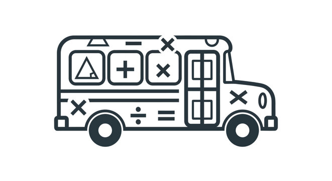 Black and white line art vector illustration of a school bus silhouette featuring integrated mathematical symbols including geometry shapes, addition, multiplication, and division signs.