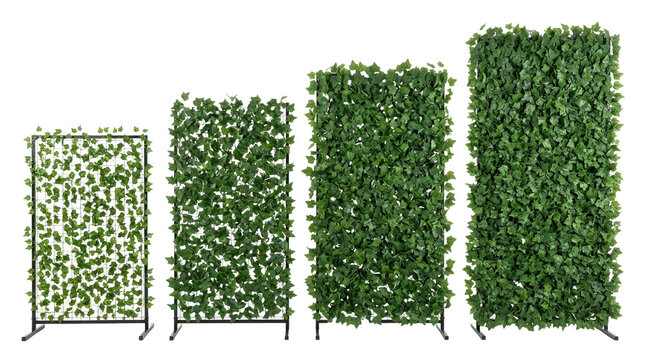 Decorative artificial green ivy privacy panels in various sizes.