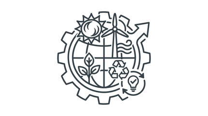 Obraz premium Sustainable Energy and Industry Icon: Renewable Resources, Gear, Lightbulb, Globe