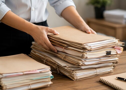 Businesswoman Organizing Stack of Paper Files on Office Desk
