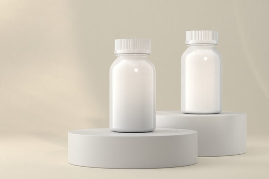 Supplement bottle with safety cap multi pack minimalist showcase 3d rendering