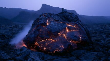 Fototapeta premium Glowing volcanic boulder under deep violet blue hour sky