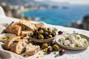Naklejka premium Mediterranean appetizer platter with olives and feta overlooking sea