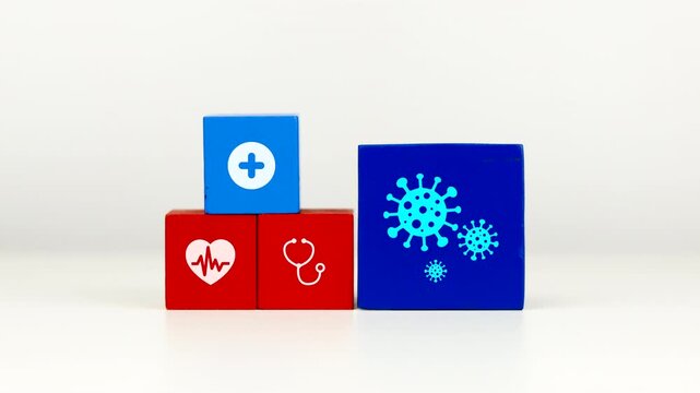 The doctor's hand displays a cube with a virus icon. This raises awareness about viral infections and the prevention of dengue fever, gastroenteritis, and weakened immune systems.