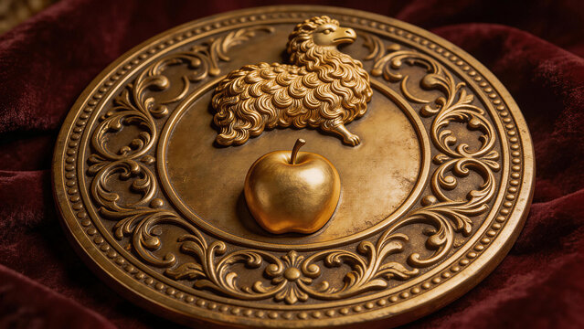 Golden plate with lamb and apple