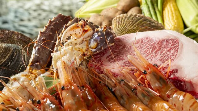 Premium sashimi platter with fresh shrimp and scallops artfully arranged on ice, refined culinary presentation