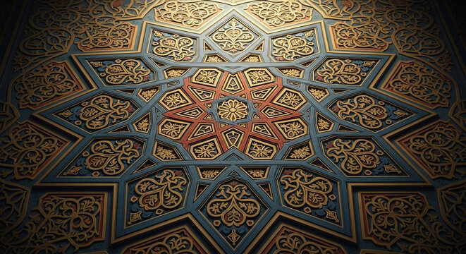 Intricate geometric tessellation pattern, featuring ornate golden arabesques and rich blue and terracotta hues, evokes a sense of historical artistry and cultural heritage, showcasing