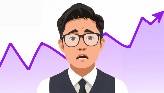 紫の株価チャートを背景に困り眉を見せる東南アジア系男性会社員
