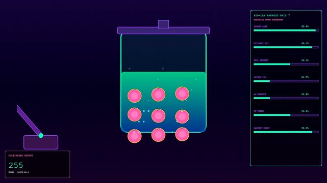 Automated robotic harvesting units monitor the growth of pink circular synthetic fruit contained within glowing glass chambers during a series of laboratory experiments and production cycles