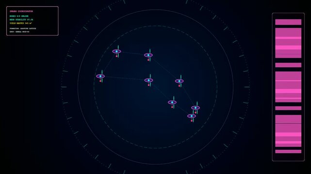 Robotic harvesting interface displays a digital network of nodes across three symmetric screens with glowing magenta data bars and neon blue circular tracking grid patterns
