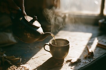 Fototapeta premium Clay teapot pouring stream of tea on rustic workshop table