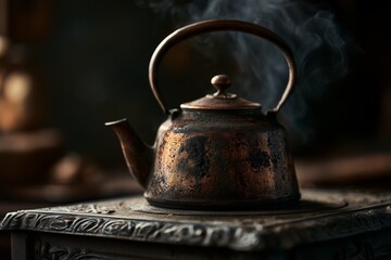 Fototapeta premium Weathered cast iron kettle steaming beside wood stove flames