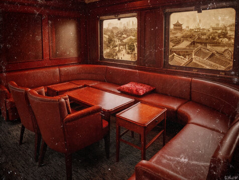 Vintage luxury train compartment featuring elegant wooden interior with timeless travel atmosphere