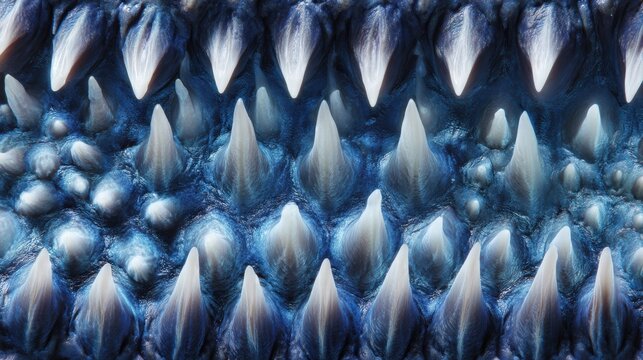Macro close-up of sharp shark skin denticles with a striking blue color gradient and intricate scale structure