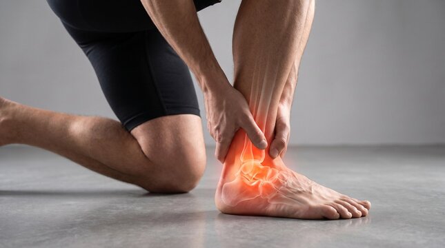 Orthopedics. Man gripping a painful ankle with an anatomical overlay highlighting joint inflammation and sports injury.
