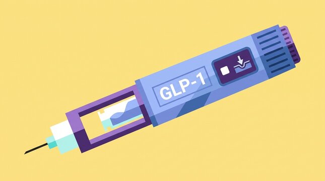 Endocrinology. GLP-1 injection pen illustration representing incretin therapy for diabetes treatment and medical weight management.