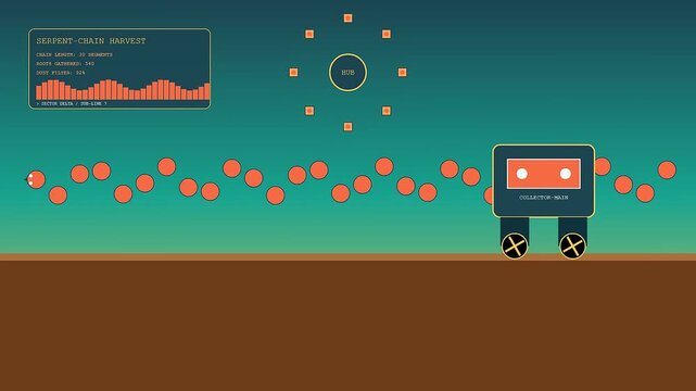 Automated robotic harvesting cycle displays mechanical snake like motion patterns moving across a minimalist digital landscape with a circular hub interface and glowing neon orange graphic elements