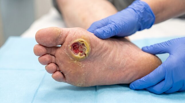 Podiatry. Clinician examining a severe plantar diabetic foot ulcer with necrotic tissue and callused margins during wound care assessment.