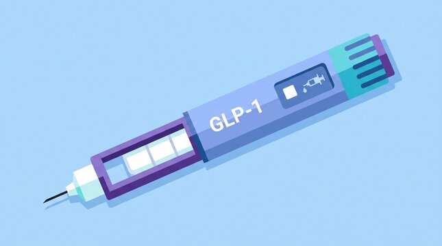 Endocrinology. GLP-1 injection pen illustration representing incretin therapy for diabetes treatment and medical weight management.