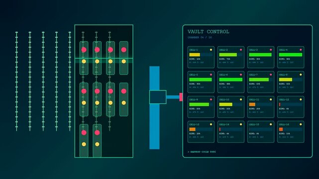A sequence of digital panels depicts robotic harvesting of biological samples within a dark interface showing neon green text and shifting glowing light bars