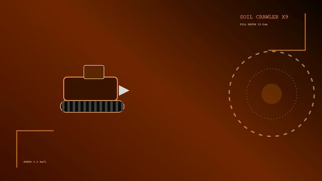Industrial robotic harvesting sequence shows a soil crawler navigation interface tracking movement metrics and digging depth data across a digital monitor in a dark atmospheric setting