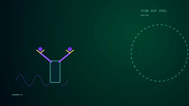Minimalist graphic animation displaying robotic harvesting mechanics with dual moving arms and shifting circular grid displays on dark blue and dark green gradient color palette backdrops