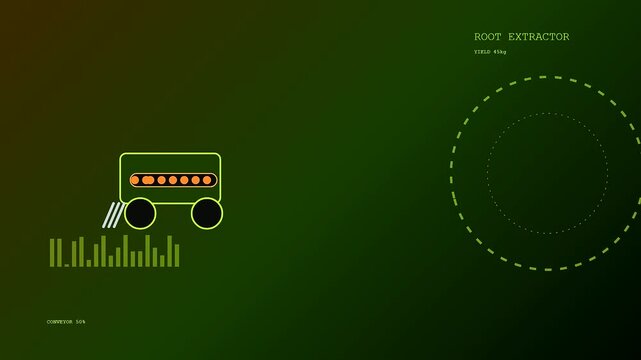 A schematic view of robotic harvesting showing agricultural machinery traversing across digital field soil metrics to extract root crops for farming output in a minimal interface