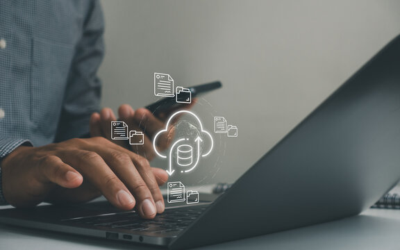 Cloud data synchronization on laptop with secure file management, online backup, document storage, database transfer, digital collaboration, cloud computing, and business technology solutions.