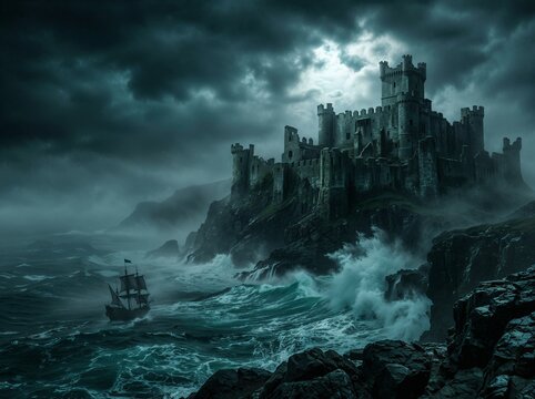 Stormy Medieval Castle on Rugged Cliffs Above a Turbulent Sea Under Dramatic Dark Clouds