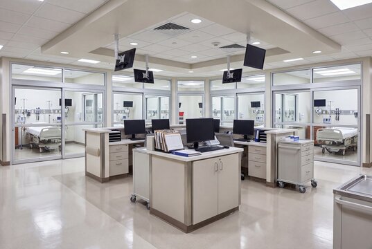 Modern clinical nursing station and medical workroom in a hospital ward - front view