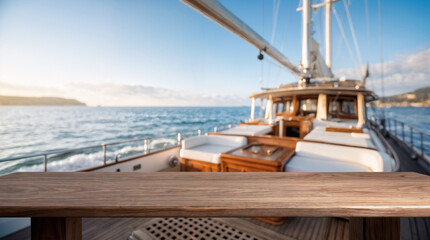 Fototapeta premium Wooden tabletop mockup on luxury yacht deck with blurred ocean background