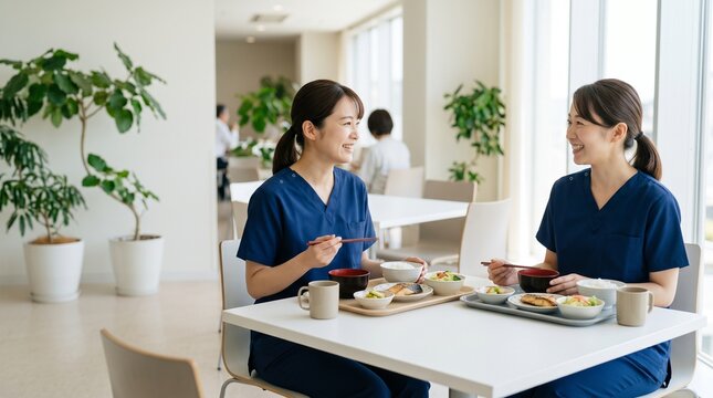 病院の明るい食堂で和やかにランチ休憩をとる二人の女性看護師