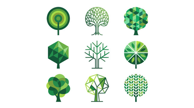 Abstract polygonal and geometric green tree logo designs.