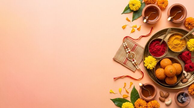 Raksha Bandhan themed flat banner, top view of rakhi thread, laddoos, diya and haldi-kumkum, placed on a backdrop with gradient from pink to saffron