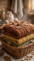 Obraz premium Cozy Stack of Knitted Wool Sweaters in Wicker Basket with Autumn Oak Leaves and Steam, Sustainable Slow Fashion Concept in Rustic Setting