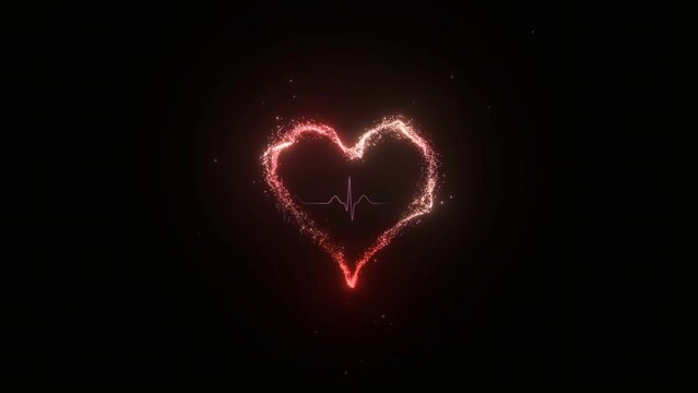 A glowing red heart made of tiny sparks on a black background, romantic love symbol