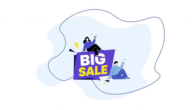 Animated flat vector illustration of a man and woman holding a big sale sign on a white background.