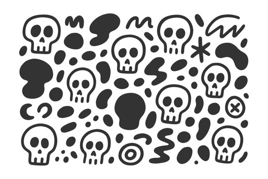Black and white hand drawn skull doodles pattern featuring various abstract shapes in a simple minimalist vector art style design