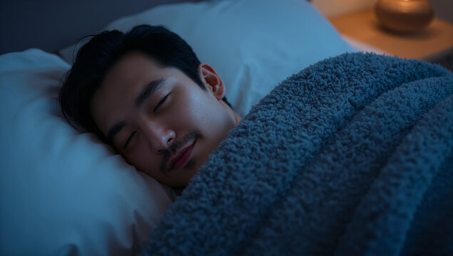 短い黒髪と薄いひげで灰色の毛布に包まれて眠る30代の日本人男性