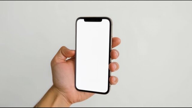 Hand holding smartphone mockup with blank white screen neutral background, minimalist mobile phone
